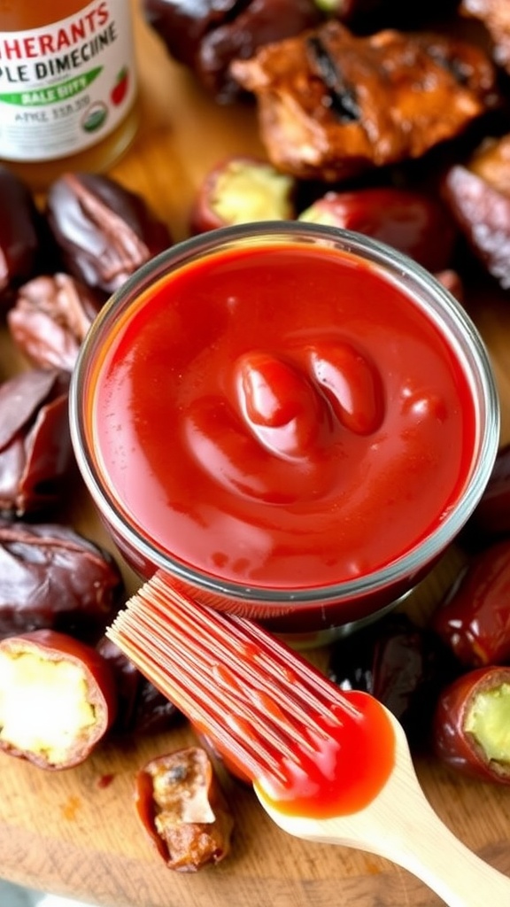 Homemade Whole30 barbecue sauce in a bowl with fresh ingredients, ready for grilling.